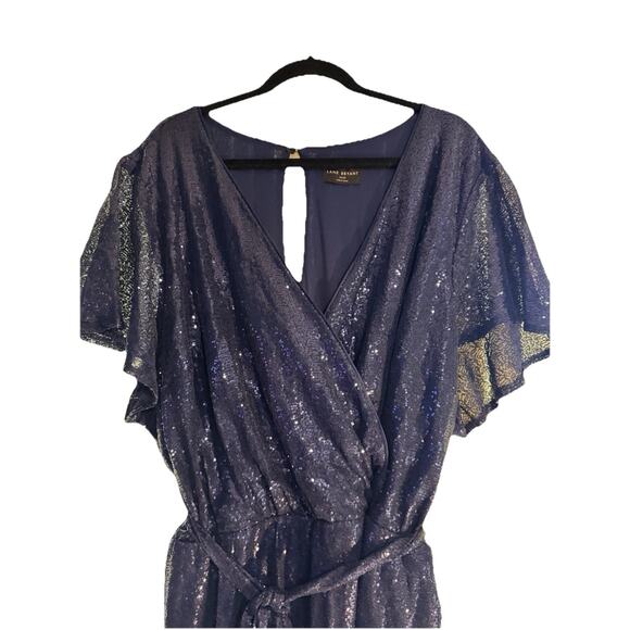 LANE BRYANT MARITIME BLUE SEQUIN FLUTTER SLEEVE WIDE LEG JUMPSUIT SZ 26/28 GLAM - Picture 3 of 14